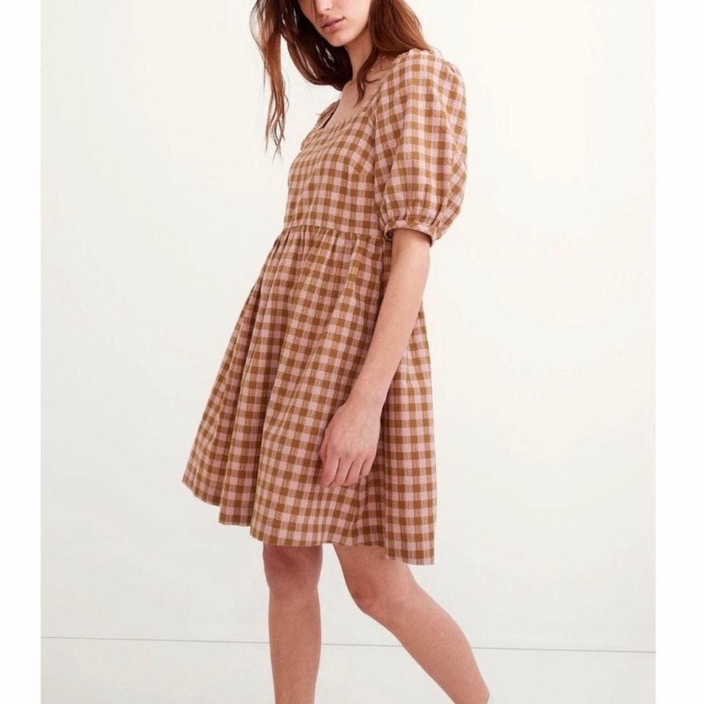 Madewell Gingham Seersucker Square-Neck Dress in Spiced Olive